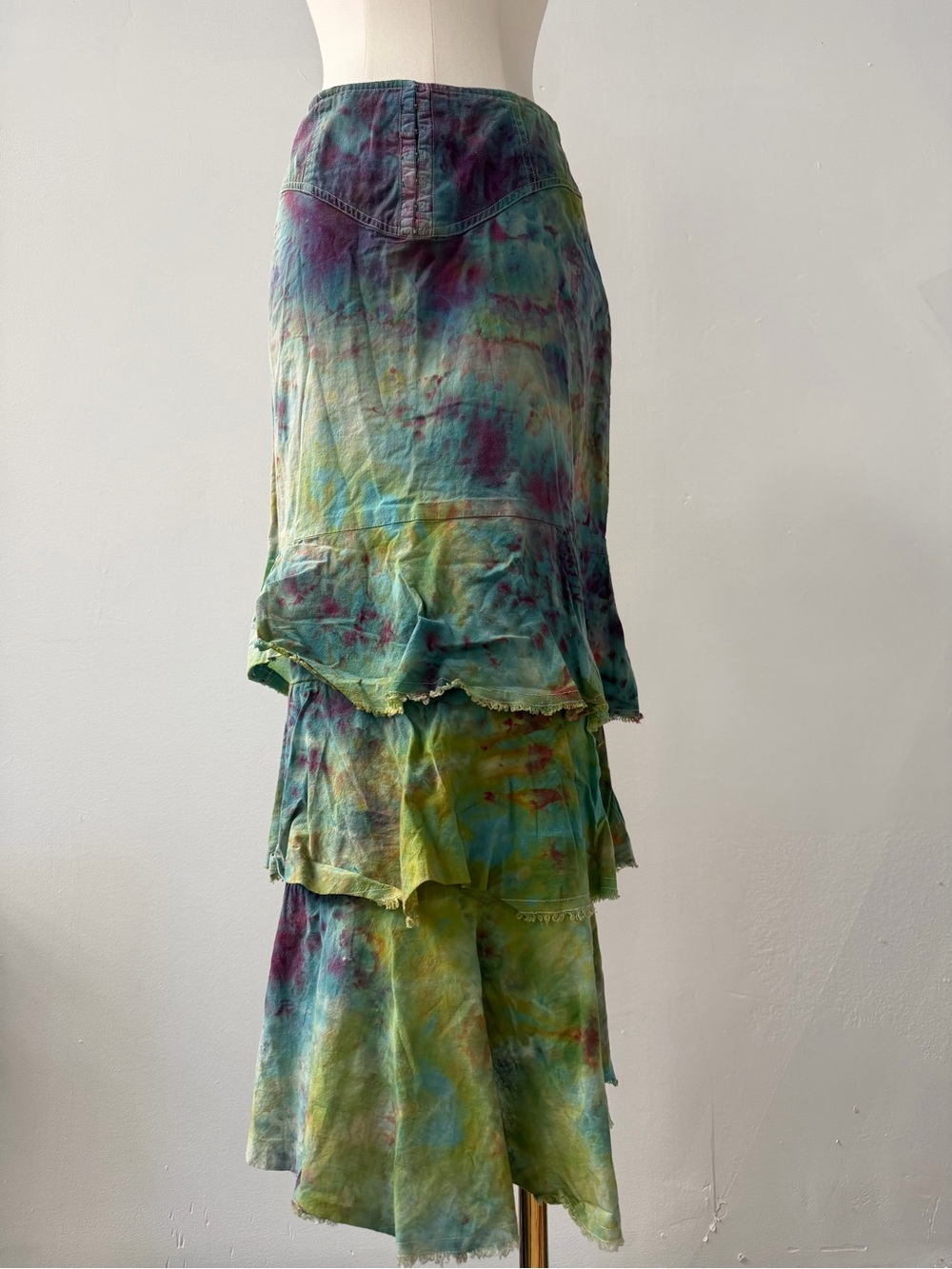 Vintage Tie-Dye Tiered Maxi Skirt - Green & Purple
